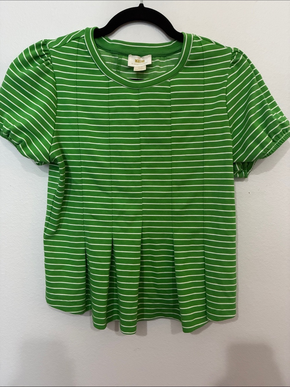 Maeve Green and White Striped Pleated Tee - Picture 2 of 9